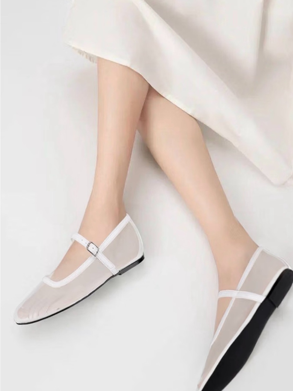 White Mesh Mary Jane Flats with Buckle Strap